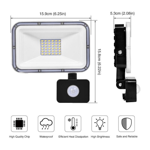 30W/Sort, 6500K Sensor, Køligt Hvidt Lys, Vandtæt Udendørs LED Sensor til Have Gård