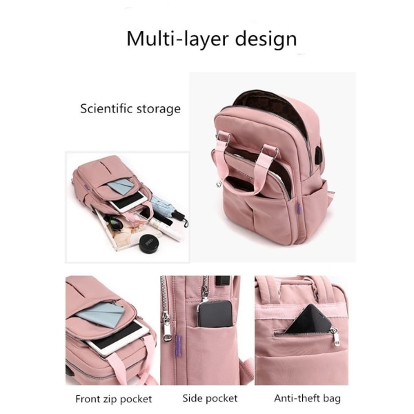 Laptop ryggsäckar USB laddning Bagpack reserygsäck skolväska Light pink