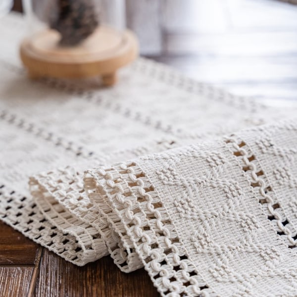 Beige Bomull Linne Bordslöpare Macrame Bordslöpare med tofs 30*275cm