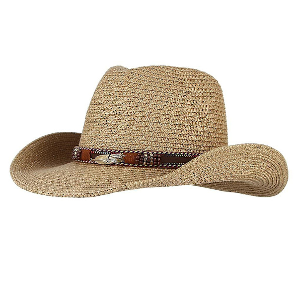 2x unisex västerländsk stil halm cowboy cowgirl hatt bred brättad solhatt