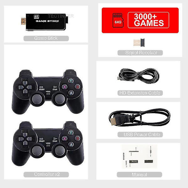 4k Game Stick 64gb 10000 Ps1 N64 Retro videospelskonsol Dubbel trådlös handkontroll