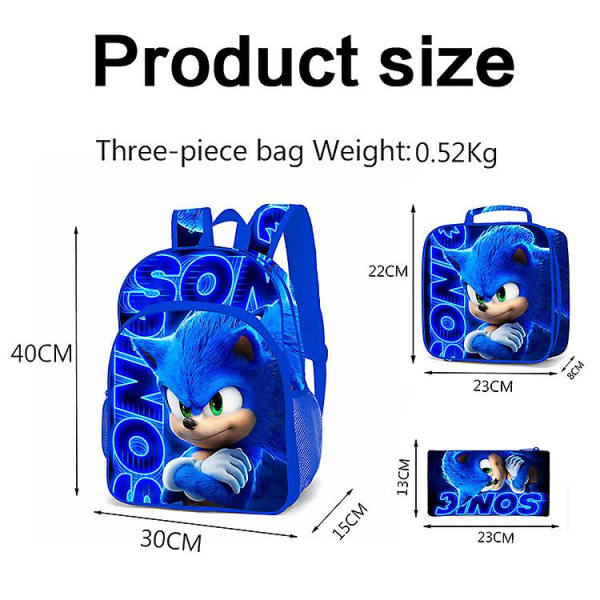 Sonic Trykt Ryggsekk Student Ryggsekk Barn Ryggsekk 3-delt Sett