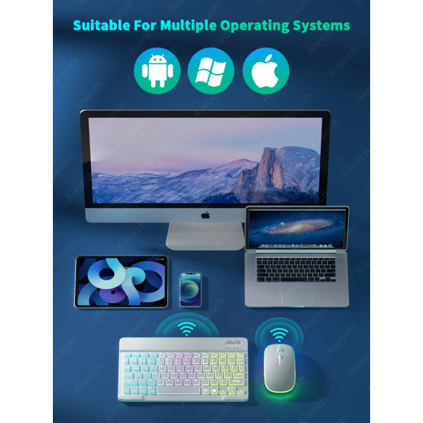 Tabletttangentbord Android iOS Windows trådlös mus Tangentbord Bluetooth kompatibelt Rainbow Bakgrundsbelyst tangentbord iPad-telefon (vit)