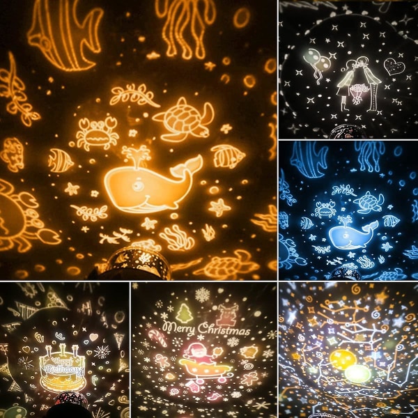 Børnenatlys stjerneprojektorlampe, 360 rotations musik natlys + timer + fjernbetjening + 6 farver, led baby stjernehimmel natlys til bi