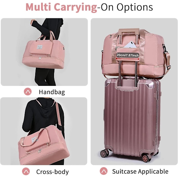 Naisten kokoontaittuva viikonloppulaukku yösairaalalaukku kenkälokerolla ja märkätaskulla, vedenpitävä liikuntalaukku Duffle bag -matkalaukku naisille Pink