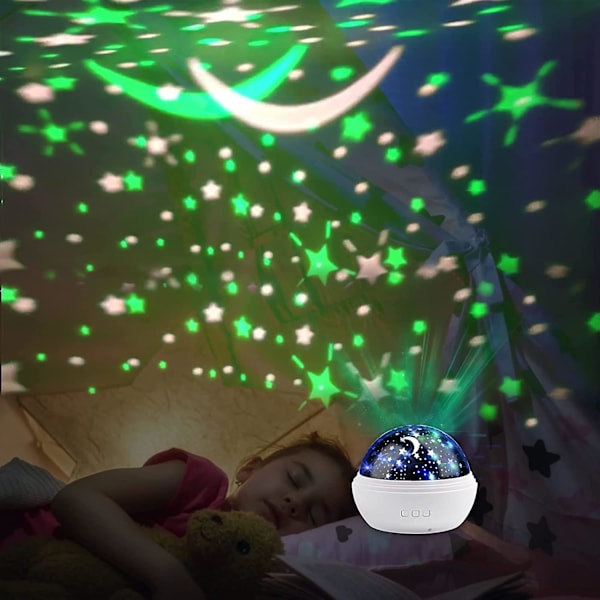 Nattlys for barn Stjerne og havlys-projektor 360 rotasjonsprojektorlampe 8 fargemodus, hvit