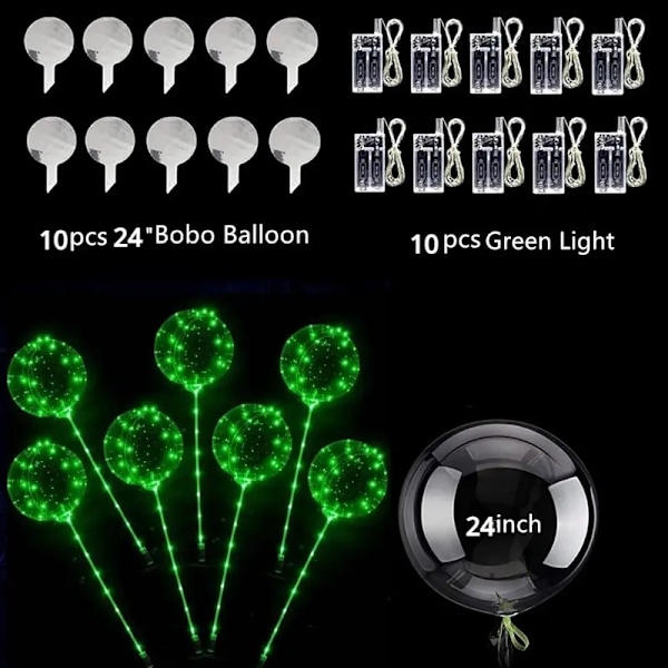 10 kpl, Uudet 60,96 cm LED-ilmapallot Läpinäkyvät Helium Bobo-ilmapallot, Glow Bobo-ilmapallot Valojuostein Ystävänpäivälle Halloweenille Jouluun Vihreä Green 10 Packs