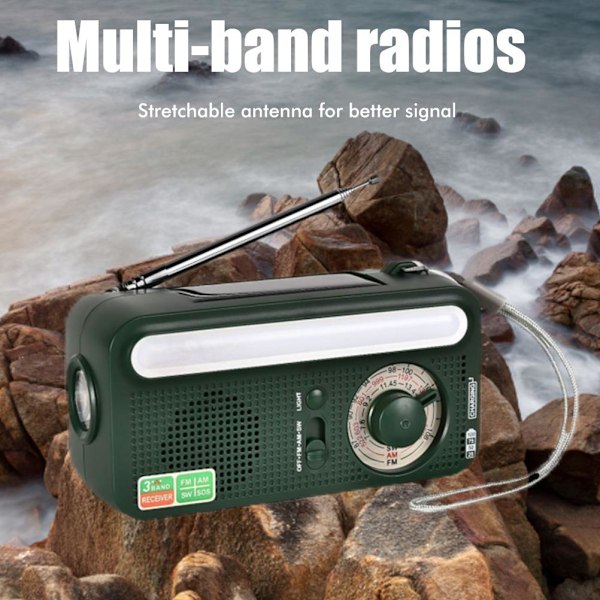 Bärbar Solcellsdriven Vevradio AM FM WB Multiband Dynamoradio med 2000 mAh Powerbank SOS Alarmfunktion för Camping Resor Nödsituationer