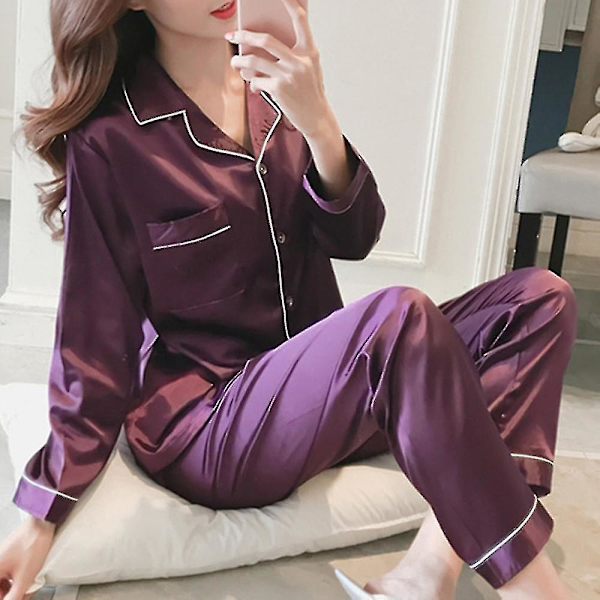 Kvinder Satin Silke Look Nattøj Pyjamas Langærmet Nattøj Sæt Purple M