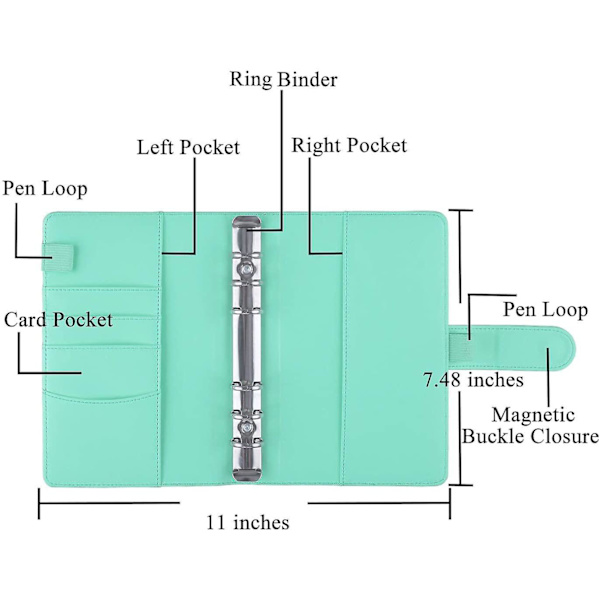 12 stk A6 Permeringslommer Løse Blader Vesker 6 Ring Permer Kontanter Budsjett Konvolutter System, A6 PU Lær Permersett Green