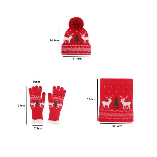 Julestrik hue, handsker og tørklæde i tre sæt (rød)