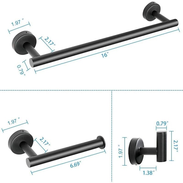 4 STK Badeværelsestilbehør, Mat Sort Badeværelsessæt, Vægmonteret SUS304 Rustfrit Stål Håndklædeholder Inkluderer 16\" Håndklædestang, Toiletpapirholder