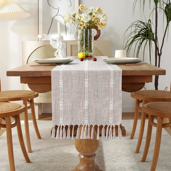 Rustik bordslöpare Bomull Linne Boho bordslöpare, Farmhouse bordslöpare, flätad randig soffbordslöpare
