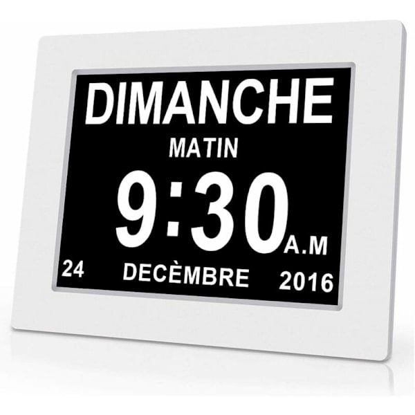 8\" LCD Digital Klockkalender med Datum, Dag och Tid | Alzheimerklocka | För Föräldrar, Mor- och Farföräldrar och Barn - Vit