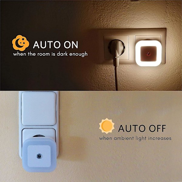 Sett med 4 dimmbare LED nattlamper med skumringssensor 0,2w energisparende orienteringslampe for barnerom, soverom, gang, trapp, kjøkken,