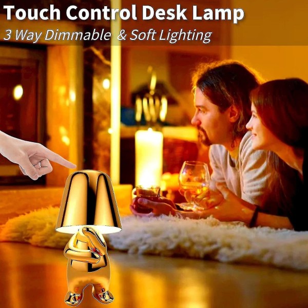 Bedside Touch Bordlampe, Guld Thinker Lampe Skrivebordslampe Trådløs genopladelig bærbar dekorativ sengelampe med USB-opladning gold H