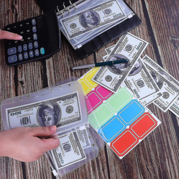 12pcs A6 Binder Pockets Loose Leaf Bags 6 Ring Binder Cash Budget Envelopes System, A6 Pu Leather Binder Set Black