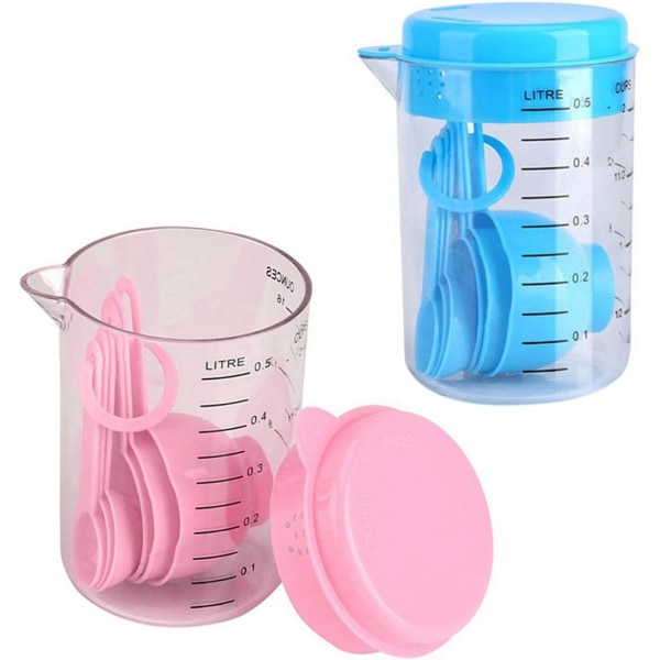 Set med måleskjeer og målebeger, 2 stk målebeger i plast