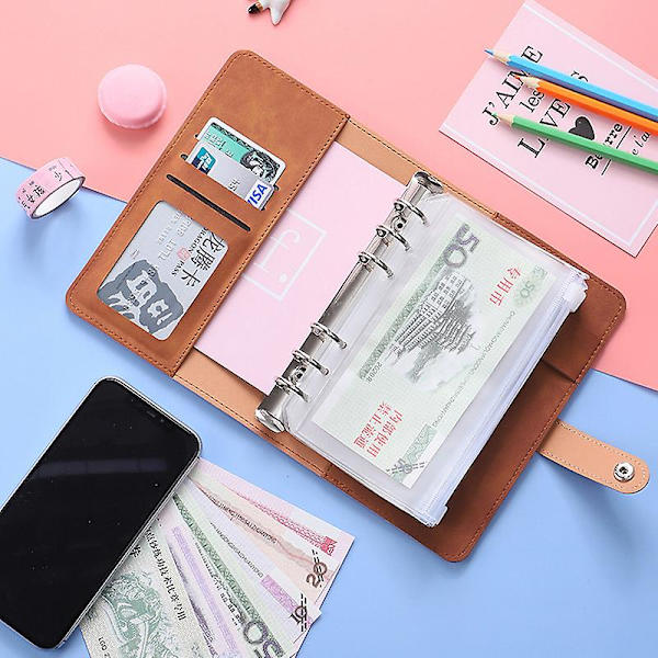 A6 Pärm Budget Pu Läder Planner Fickor Kontantkuvert Organizer System med genomskinlig dragkedja Expense Sheets Notebook