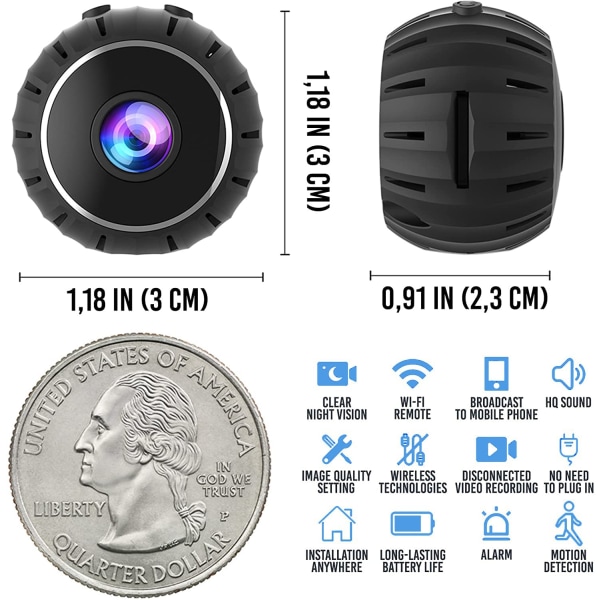 Mini spionkameror dolda 1080P HD trådlös kamera med Night Vision Rörelsedetektering, WiFi-kamera Video Body Camera för inomhus och utomhus, Black-x10