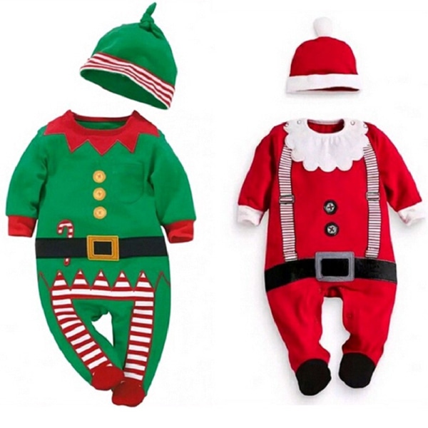 Julemandens Dreng Pige Børn Santa Elf Jumpsuit Romper Hat Julekostume Sæt Green 70cm