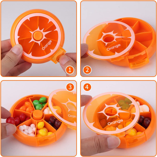 Creative kannettava mini 7 päivän viikoittainen pyöreä muotoinen pyörivä makeiden hedelmien tyylinen kotelo (oranssi)