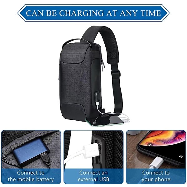 Sling Bag Anti-Theft USB Crossbody Ryggsäck Vattentät bröst Black