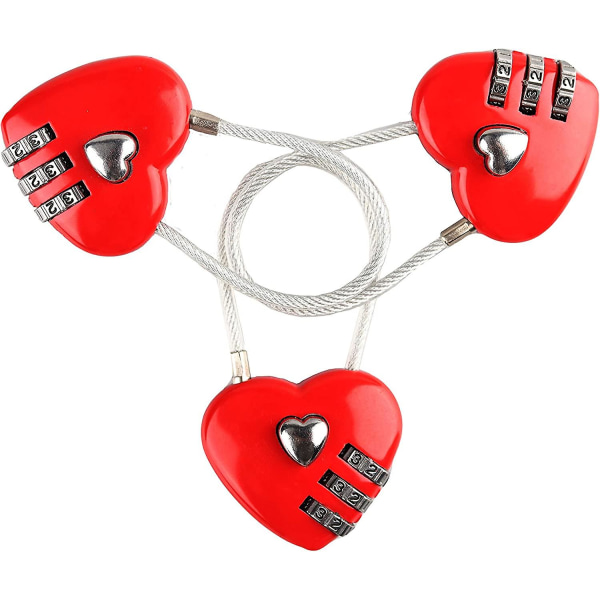 Rødt hjerte hængelås, minikodelås, tråd 3-cifret kodekombinationshængelås til kufferter/kuffert/skab/rygsække/smykkeskrin, 3 stk.