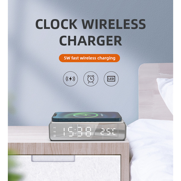Digital LED väckarklocka med trådlös laddare/termometer Silver
