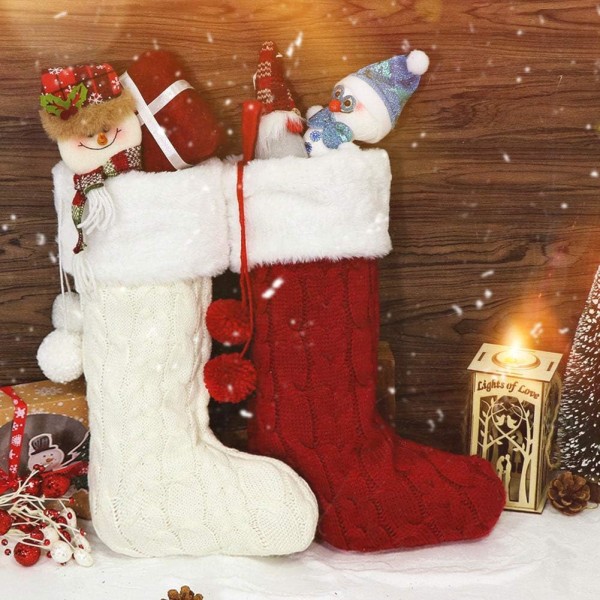2 pakkauksen neulotut joulusukat, 15,7 tuuman paksu, rustiikkinen kaapeli Neulotut joulusukkahousut pom pomilla joulukoristeisiin (kermanvärinen ja viininpunainen)