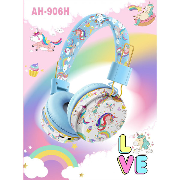 Söt enhörning tecknad huvudmonterad trådlöst hopfällbar bluetooth -headset lämplig för att lära sig spelpresent A rosa