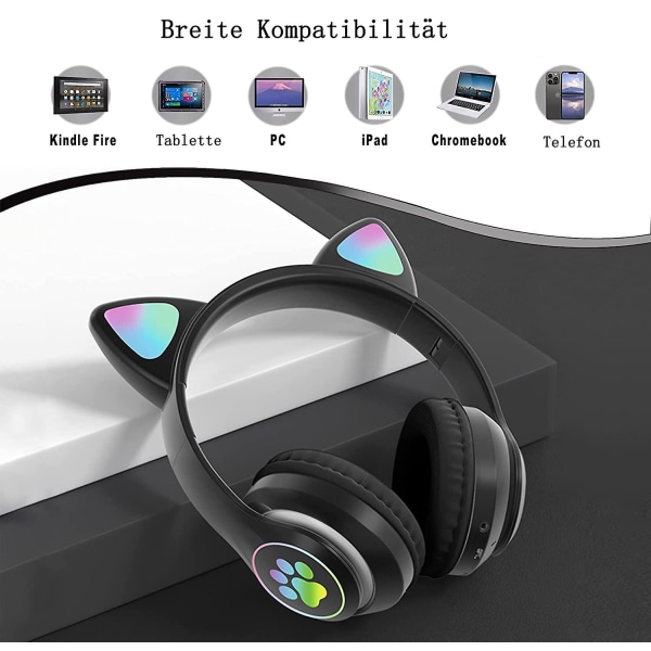 Bluetooth trådlöst headset för barn, söta kattöron, Bluetooth 5.0 med mikrofon och volymkontroll, hopfällbart trådlöst ljudheadset för barn, dam