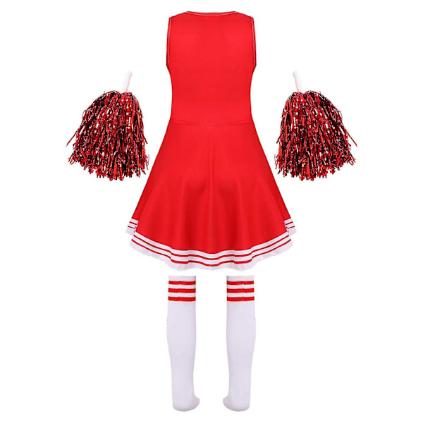 Barn Cheerleading Kostym Skoltjejer Cheerleader Uniformer Cheer Dans Outfits För Halloween Klänning Med Strumpor Blomma D_y Red 11-12 Years