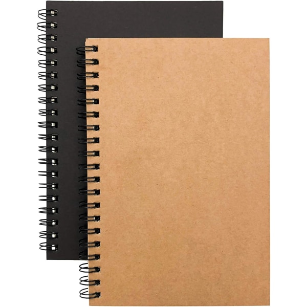 Spiral Notebook 2-pack, tom skissbokblock med ofodrat papper, 100 sidor, (brun och svart, A5)