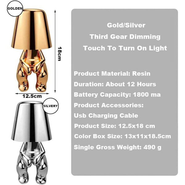 Sengelampe med berøringskontroll, Guld Thinker Lampe Skrivebordslampe Trådløs Oppladbar Bærbar Dekorativ Nattlampe Med USB-lading gold Sitting style 8902