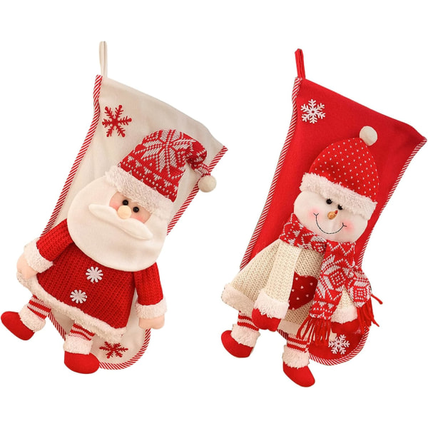 2-pack julstrumpor, 17,7 tums röda julstrumpor med 3D-stil Santa Snowman-karaktärsmönster