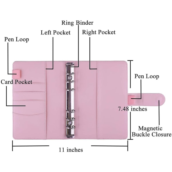 12 stk. A6 ringbindslommer løsbladsposer 6 ringbind Kontant budgetkonvoluttersystem, A6 Pu læderbindssæt Pink