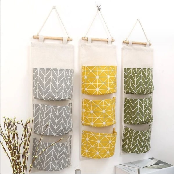 Veggdør Garderobe Henge Oppbevaringsveske Canvas Stoff 3 Lommer Yellow