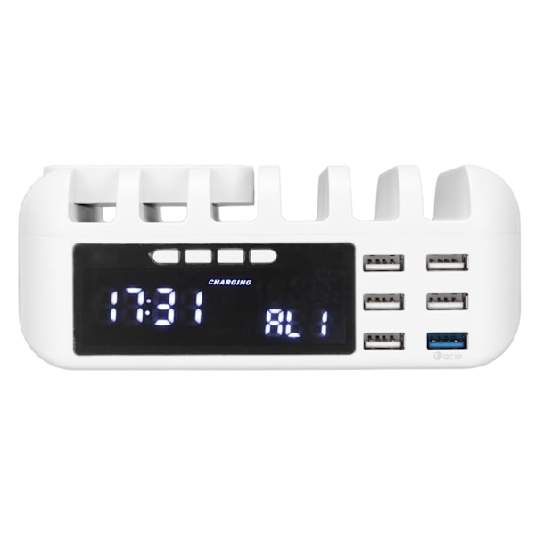 Multifunktionell 5-Portars Laddare Trådlös USB Snabbladdning Skrivbords Digital Klocka Mobiltelefonladdare 110‑240VEU-kontakt