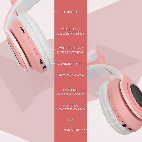 Bluetooth over-ear hovedtelefoner Pink Girl Cat Ear hovedtelefoner Led lys Foldbare stereo trådløse hovedtelefoner headset til børn Teleskopisk støjreduktion