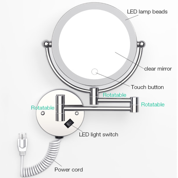 Vægmonteret LED-sminkspejl med stik 5X forstørrelse