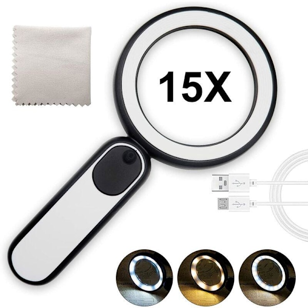 15X Genopladelig Lup, Læselup, Belyst Lup med 21 LED'er i 3 Tilstande, Håndholdt Lup, USB-opladet