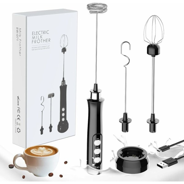 Melkeskummer, bærbar elektrisk skummer, 3 i 1 blender, USB-lader og 3 rustfrie visper for kaffe, melk og svart kjøkken