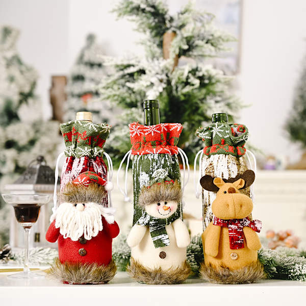 3×Juleflaskeholder, strikket falsk bark, julevinpose