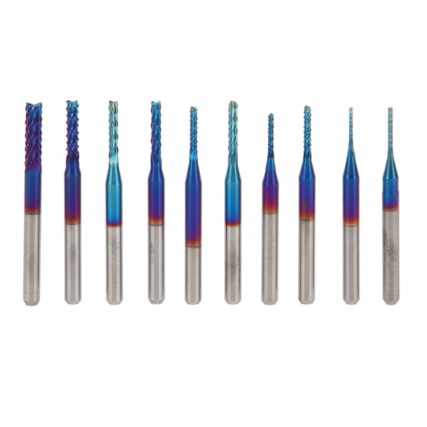 10st Nano Blå Beläggning Pinnfräs CNC Router Bits 1/8in Skaft Volframstål Spiral Router Bits för PCB Kolfiber Hårdträ 1.5‑3.175mm/0.06‑0.13in