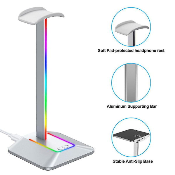 Hodetelefonstativ, RGB Hvit Hodetelefonholder med 3-ports USB Hub Gamer Headsetstativ med bakgrunnsbelyst surroundlyd