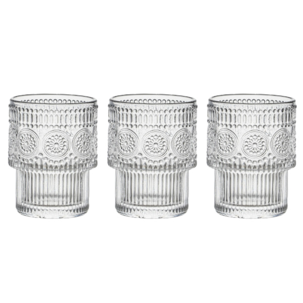 3-delars set glas, präglade retro vikbara kaffekoppar,