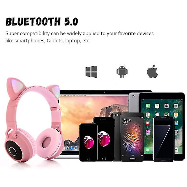 Kids 5.0 Cat Ear kuulokkeet taitettavat on-ear langattomat stereokuulokkeet mikrofonin LED-valolla ja äänenvoimakkuudella
