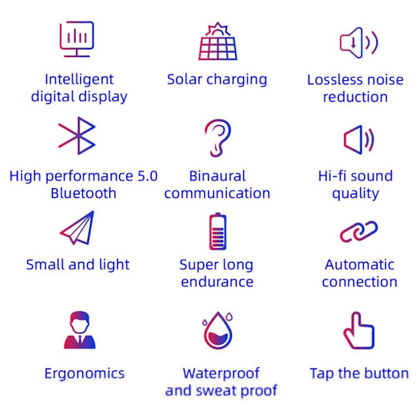 Solarladdande Bluetooth Hörlurar LED Digital Display Intelligenta Hörsnäckor Brusreducering TWS Bluetooth 5.0 Trådlösa Hörlurar