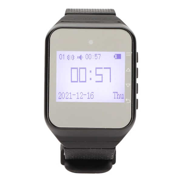 Ur-personsøger LCD Kalender Display Én Knap Alarm Vibration Trådløst Kaldesystem til Catering Fabrikker EU Stik Sort